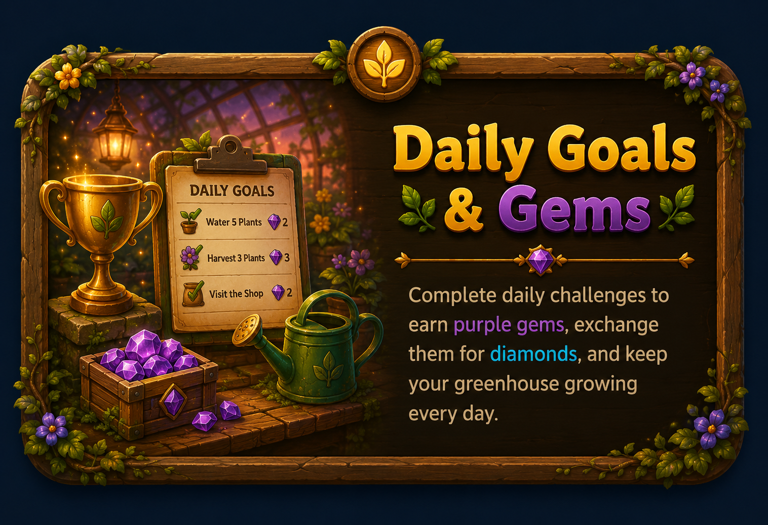 Complete daily goals and earn gems and diamonds in Blockchain Botany