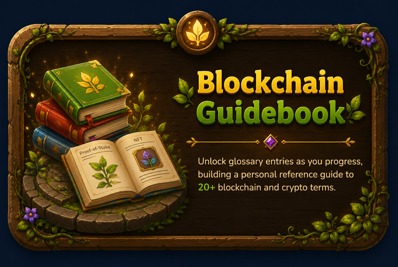 In-game blockchain guidebook covering NFTs, DeFi, crypto wallets, and Web3